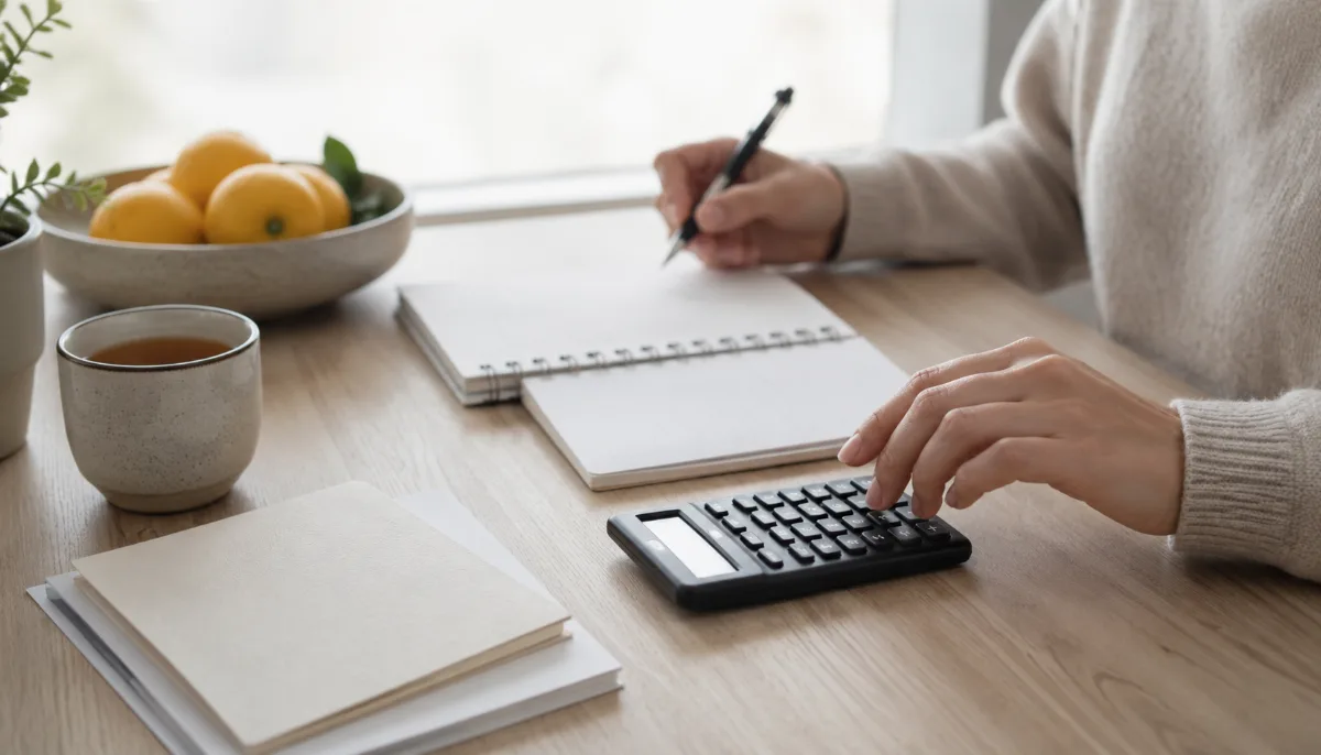 Tidy desk with a calculator, notebook and a cup of tea
