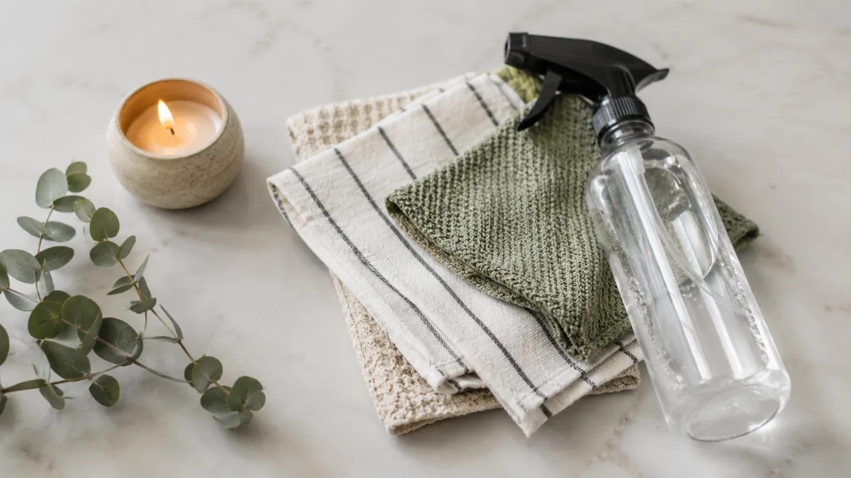 Neatly arranged cleaning cloths and a refillable spray bottle on a clean surface