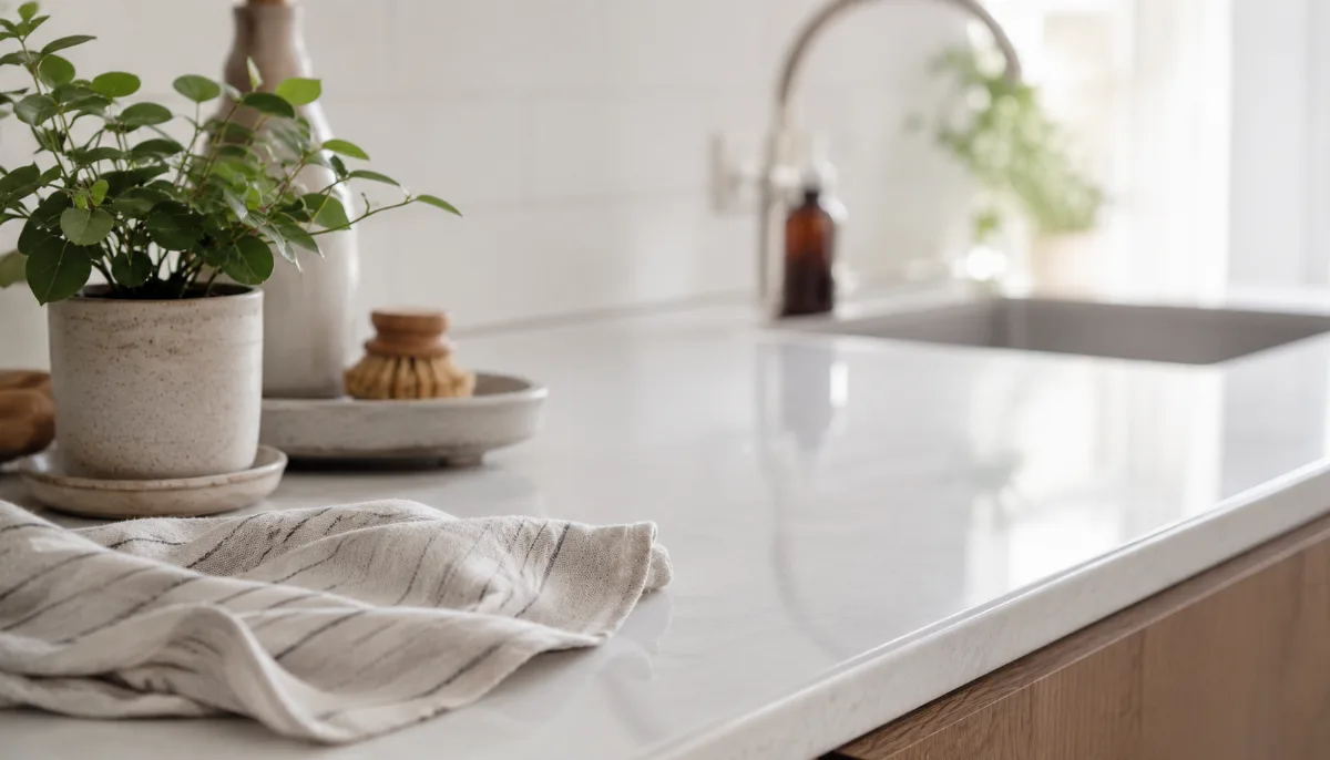 Freshly wiped kitchen counter with a cloth and a small plant