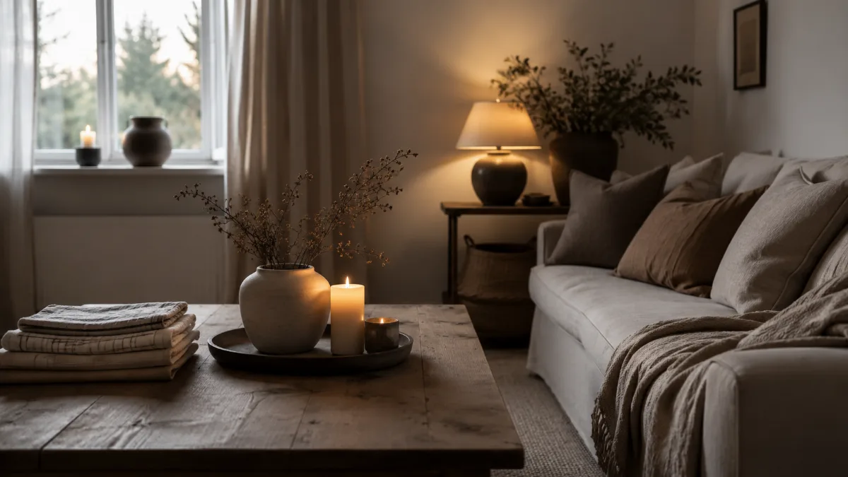 Candles and a low lamp creating a warm evening glow in a living room