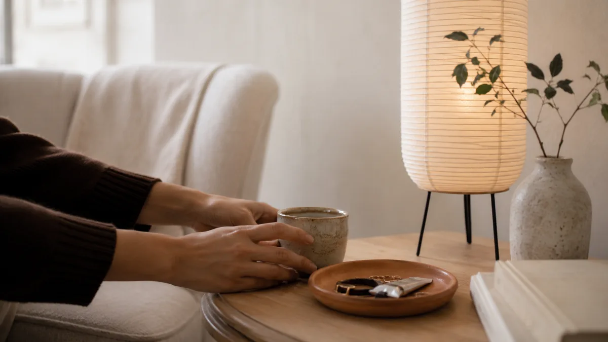 Warm floor lamp glowing in a quiet reading corner