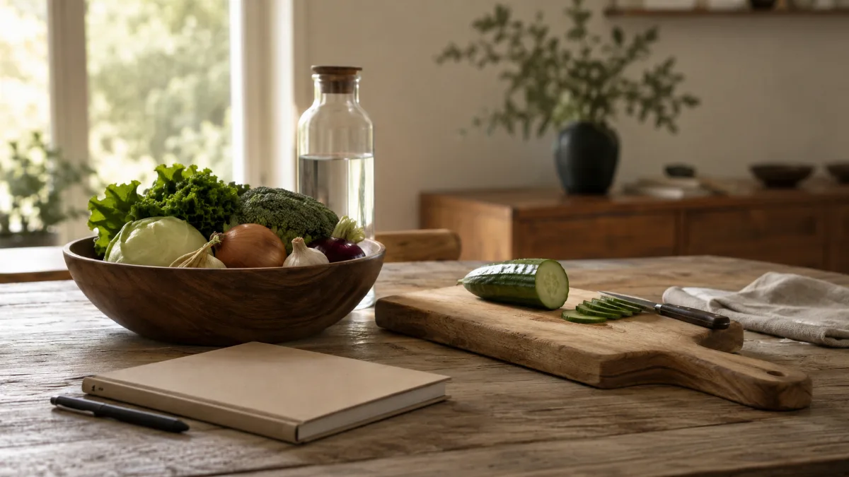 Wooden bowl of vegetables beside a chopping board