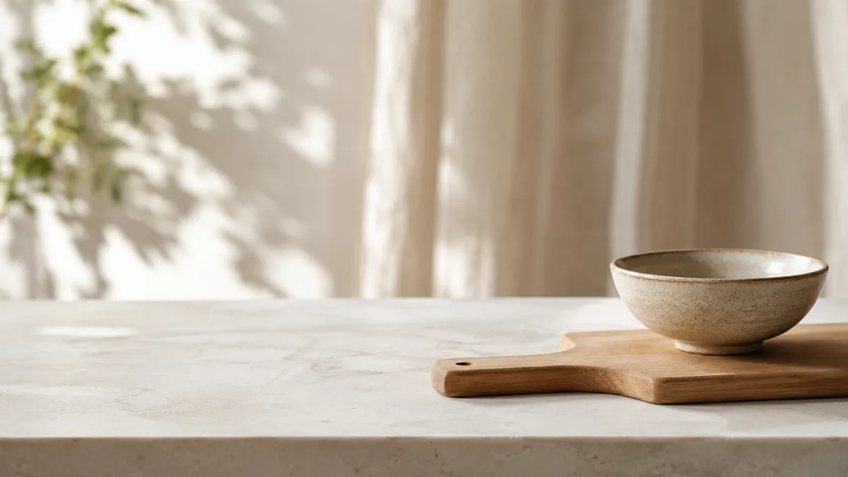 Clean countertop with nothing but a board and a bowl