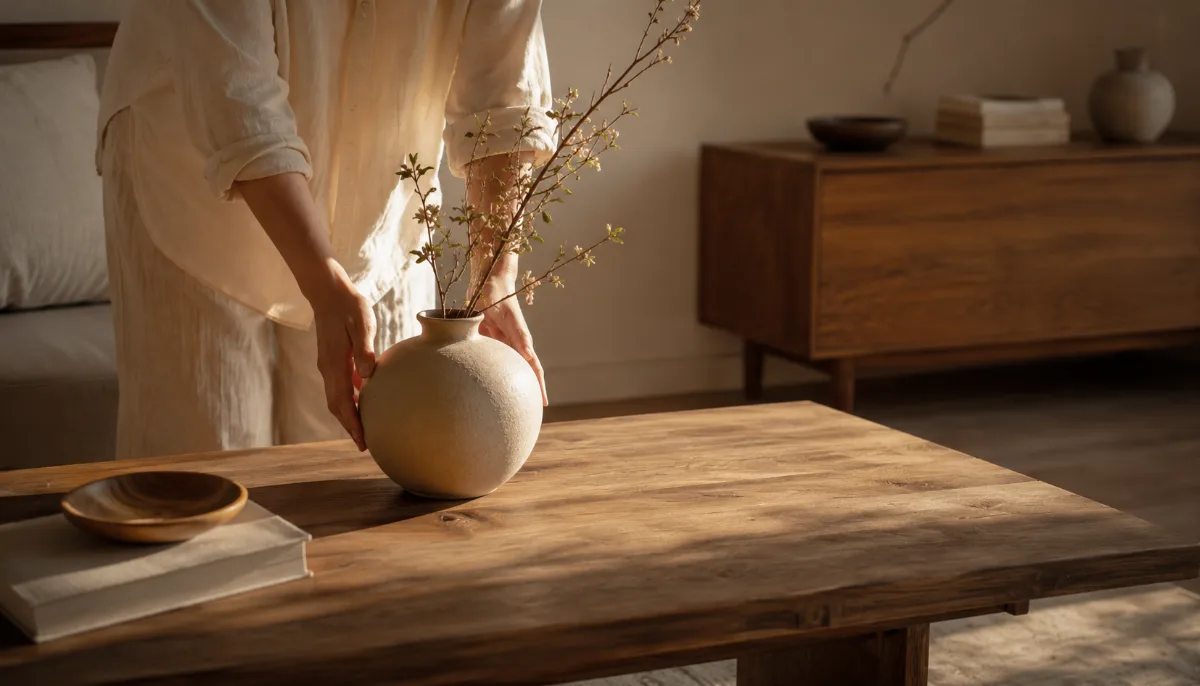 Calm, uncluttered living space with simple low furniture