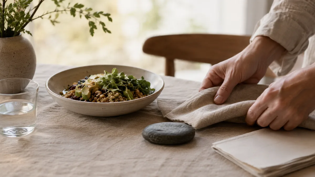 Minimalist table set with a single wholesome bowl