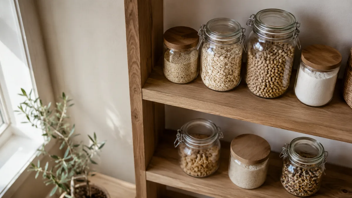 Minimalist pantry shelf with glass jars of staples
