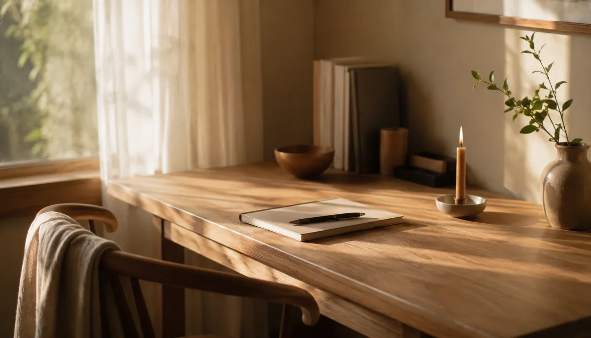 Uncluttered writing desk bathed in soft daylight