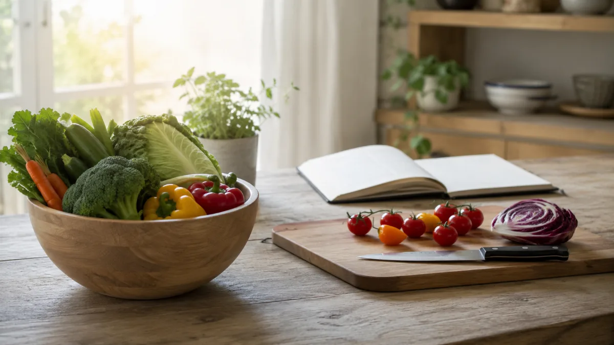 Wooden bowl of vegetables beside a chopping board