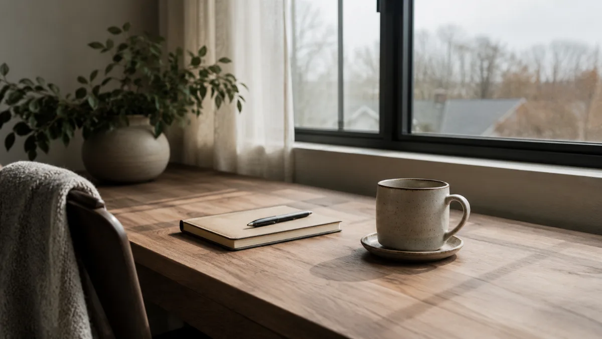 Clean wooden desk by a window with a notebook, pen and a cup of coffee