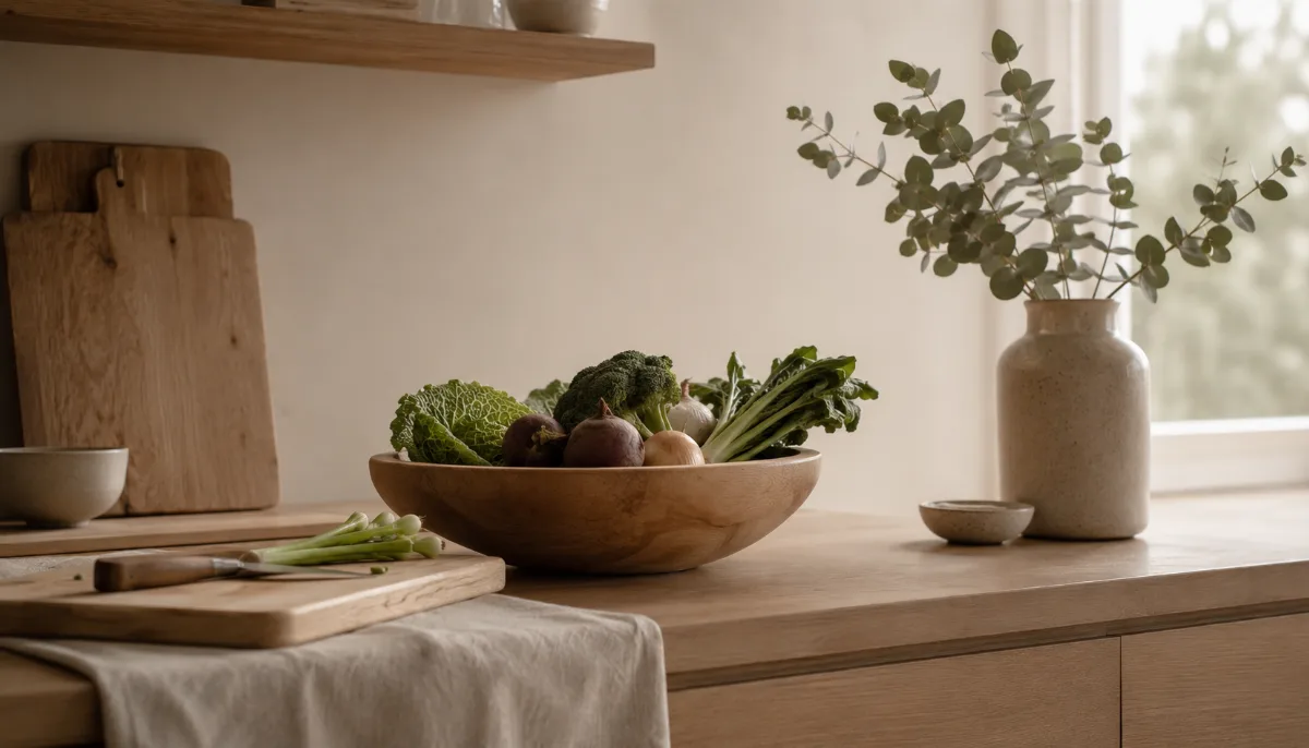 Wooden bowl of vegetables beside a chopping board