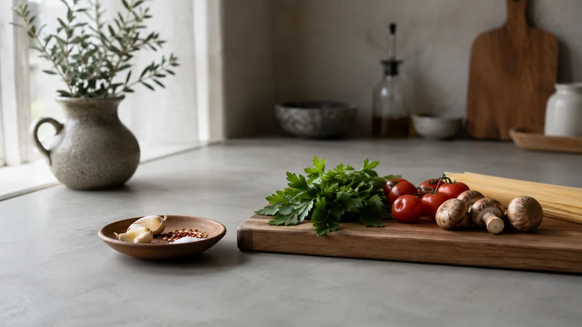 Calm kitchen counter with fresh simple ingredients on a wooden board