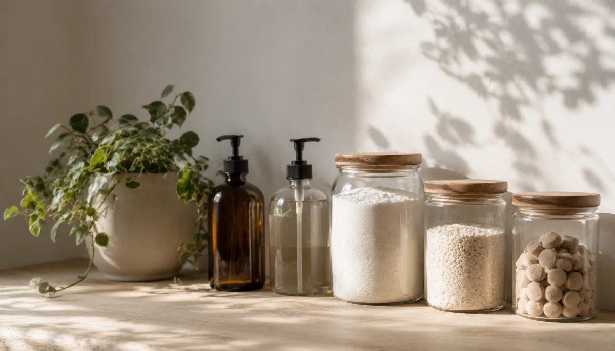 Row of refillable containers beside a leafy green plant