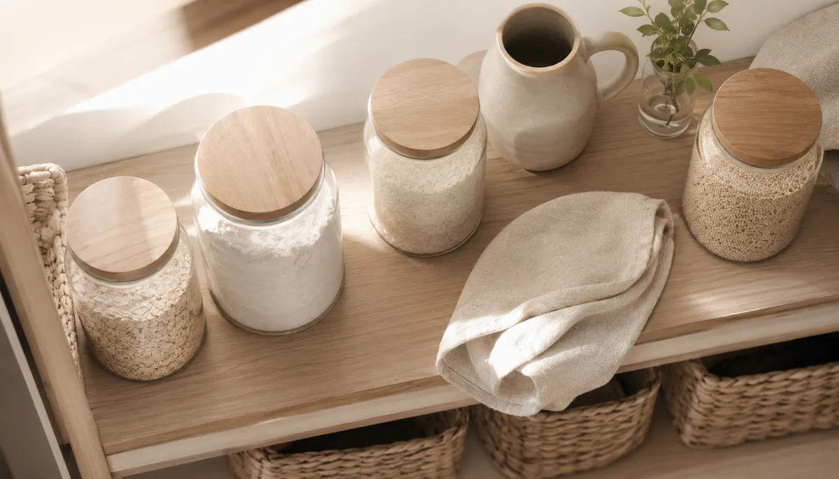 Minimalist pantry shelf with glass jars of staples