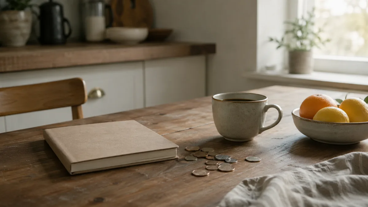 Kitchen table with a plain notebook, coins and a coffee cup