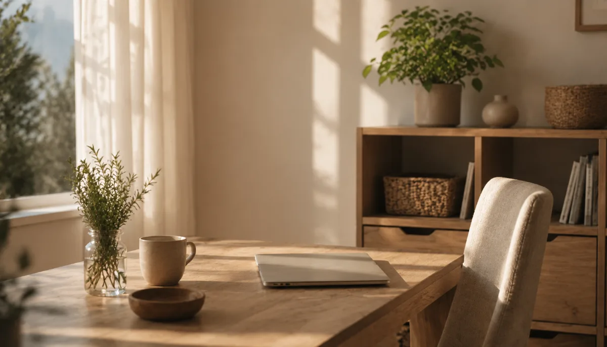 Tidy home-office corner with a laptop closed and a small plant