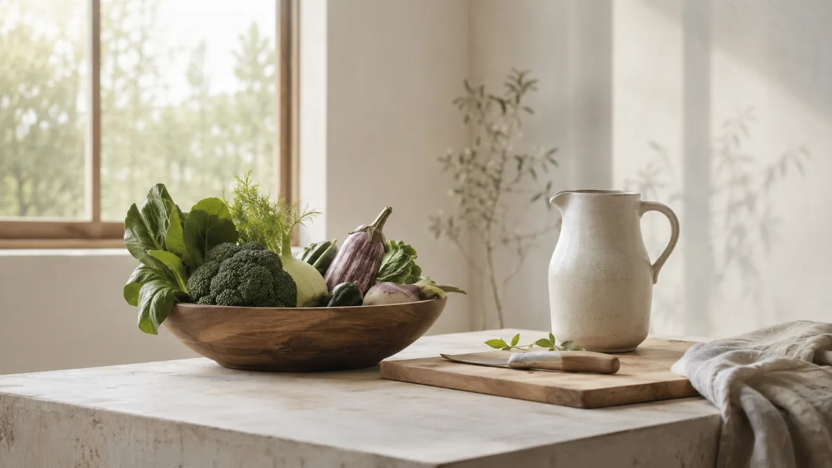 Wooden bowl of vegetables beside a chopping board