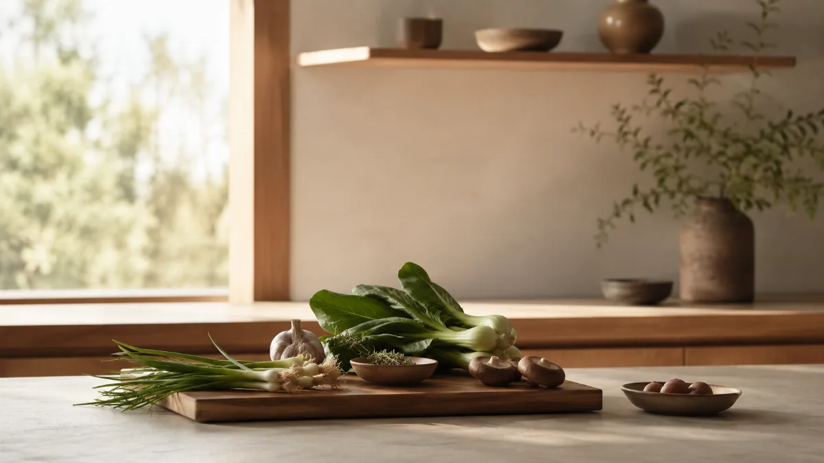 Calm kitchen counter with fresh simple ingredients on a wooden board