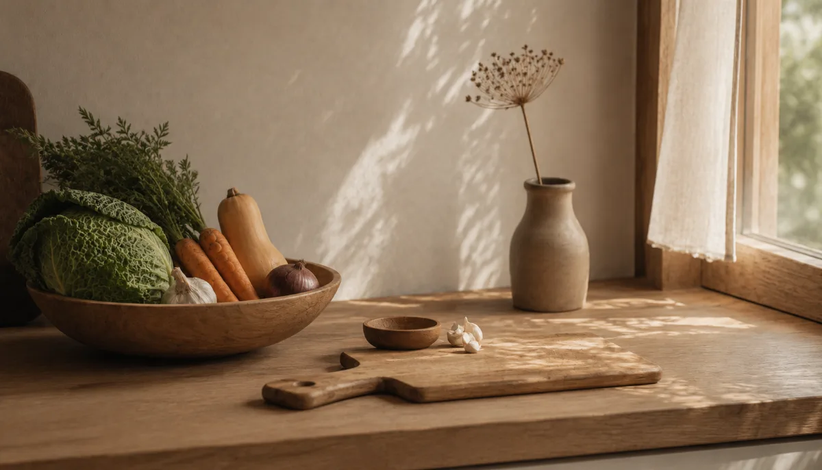 Wooden bowl of vegetables beside a chopping board