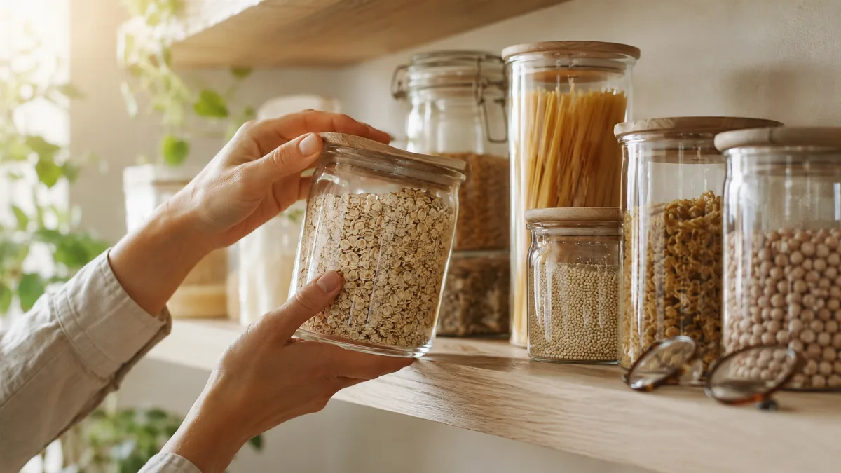 Glass jars of pantry staples on an open shelf