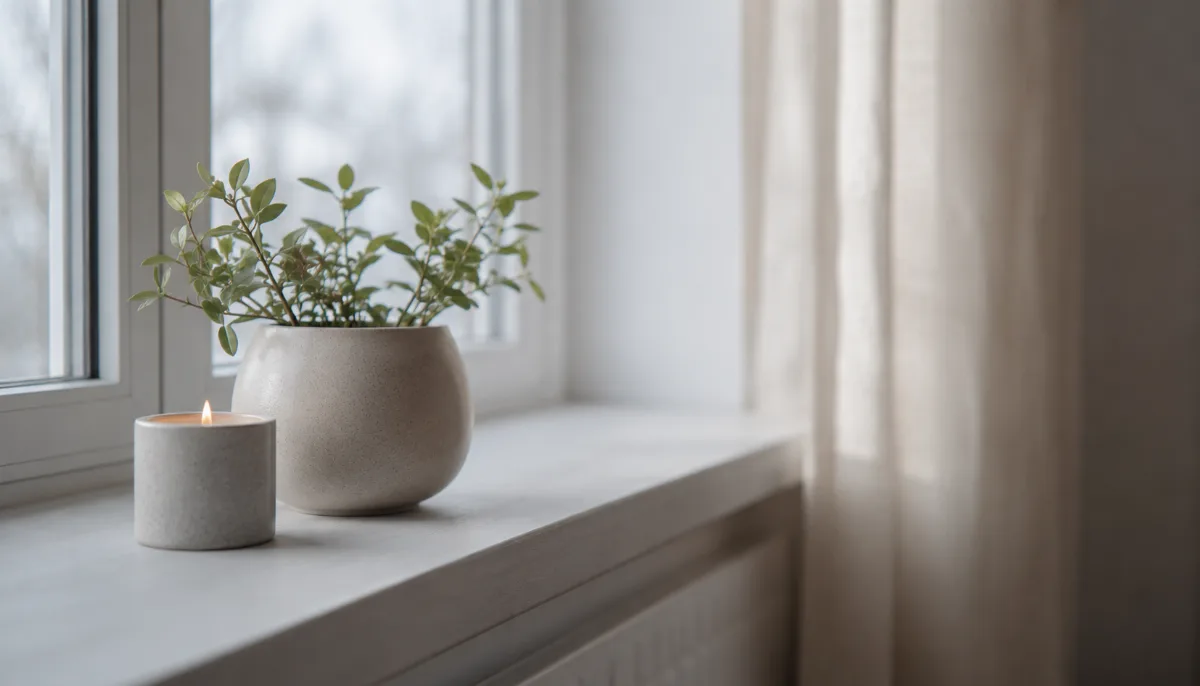 Serene windowsill with a candle and a small plant