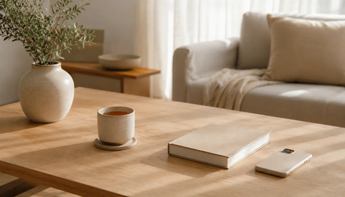 Single phone face-down beside a book and a cup of tea