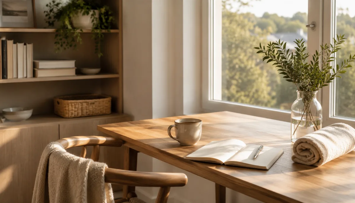 Bright morning scene with coffee and a notebook by a window