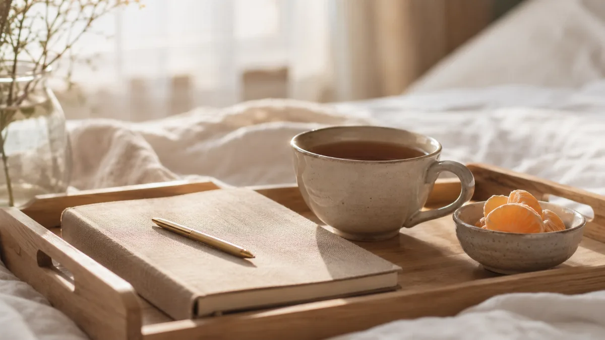 Simple morning tray with tea and a journal