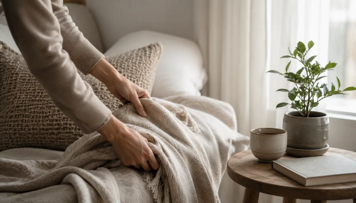 Calm evening corner with a blanket and low light