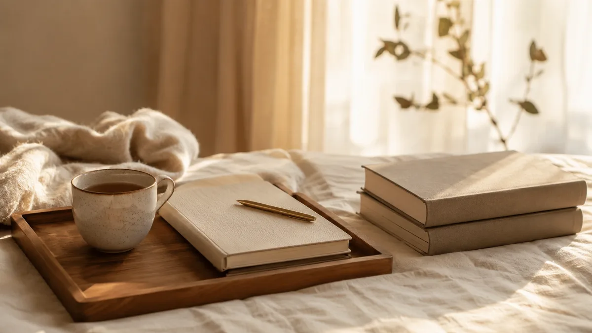 Simple morning tray with tea and a journal