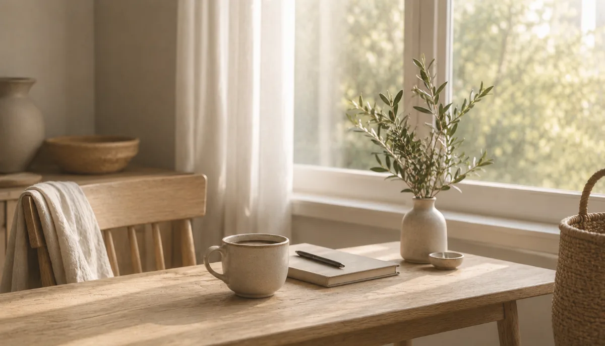 Bright morning scene with coffee and a notebook by a window