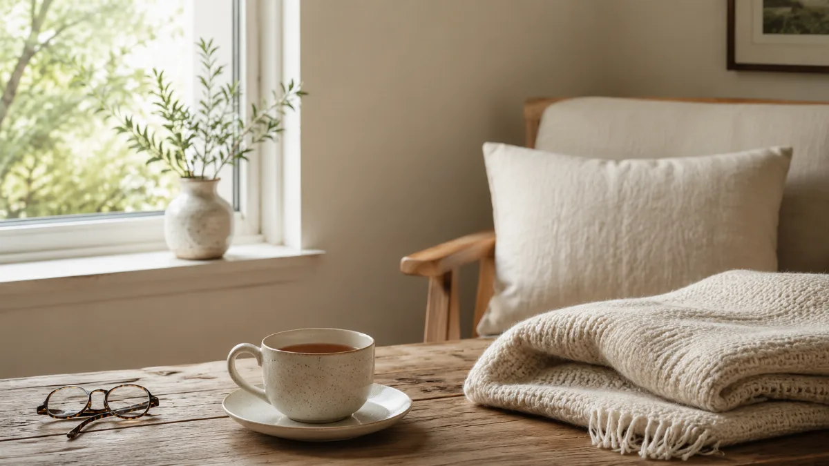 Calm evening corner with tea and a folded blanket