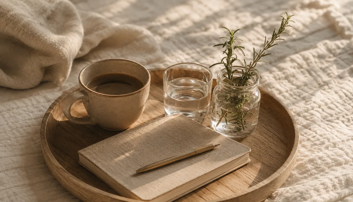 Simple morning tray with coffee, water and a small journal