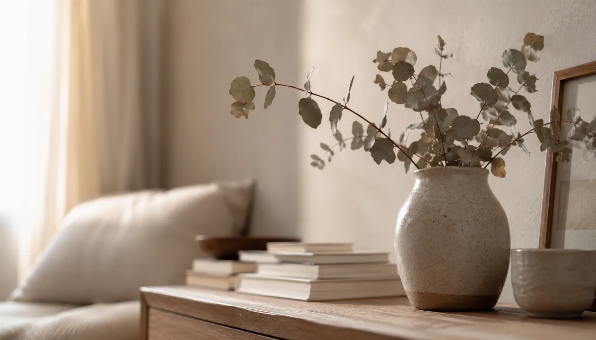 Serene styled vignette with neutral tones and soft daylight