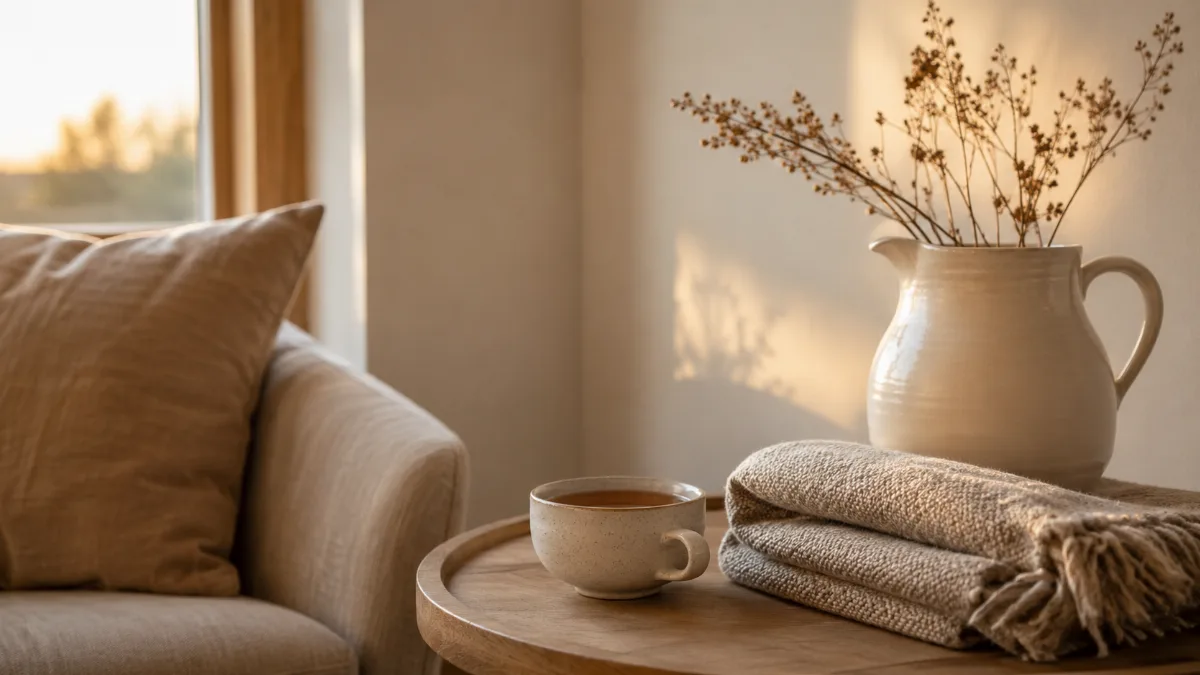 Calm evening corner with tea and a folded blanket