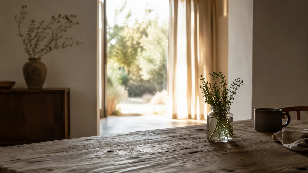 Calm minimalist interior with natural light and a few simple objects