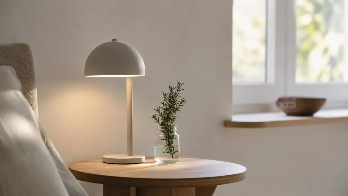 Small table lamp casting a soft pool of light on a side table