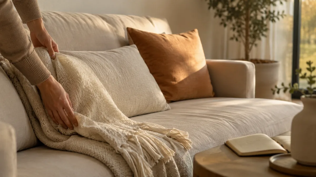 Serene living room with a neutral sofa and soft daylight