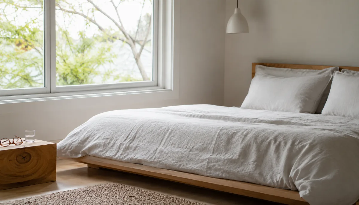 Low platform bed with crisp neutral sheets beside a bare window