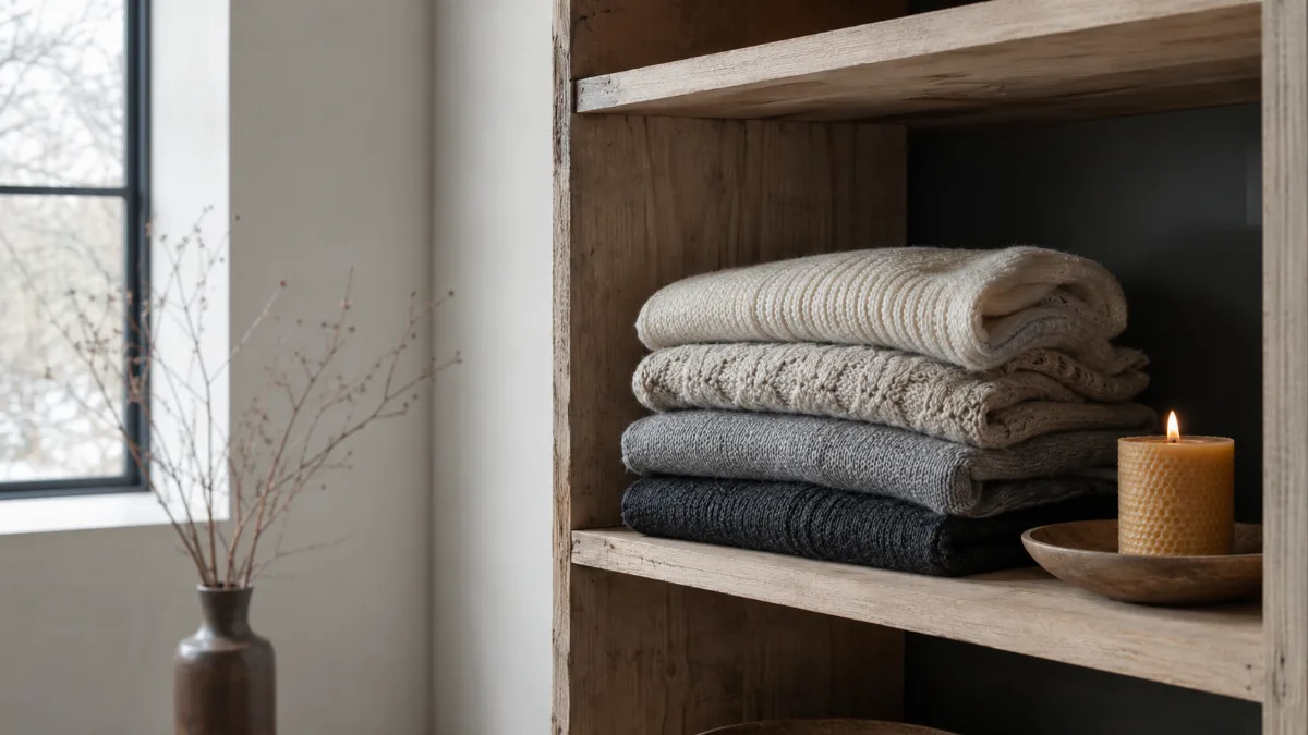Folded sweaters stacked neatly on an open shelf