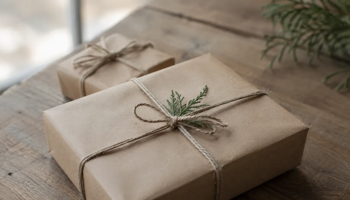Simply wrapped gifts in plain kraft paper with natural twine on a table