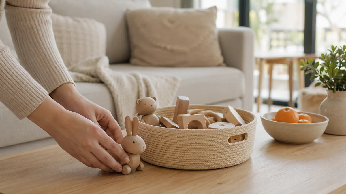 Tidy family room with a basket of wooden toys