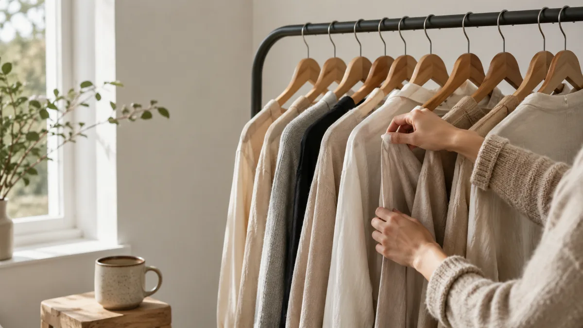 Clothing rail holding a tidy capsule of neutral garments