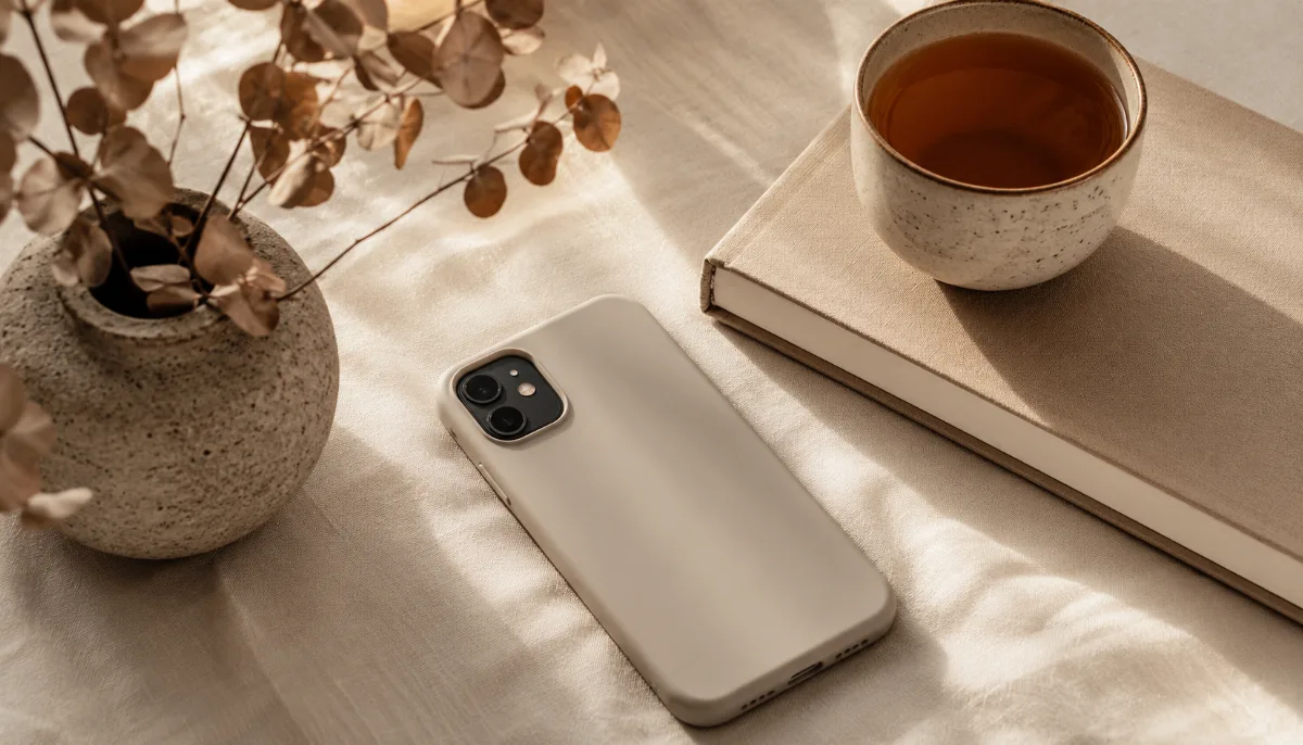 Single phone face-down beside a book and a cup of tea