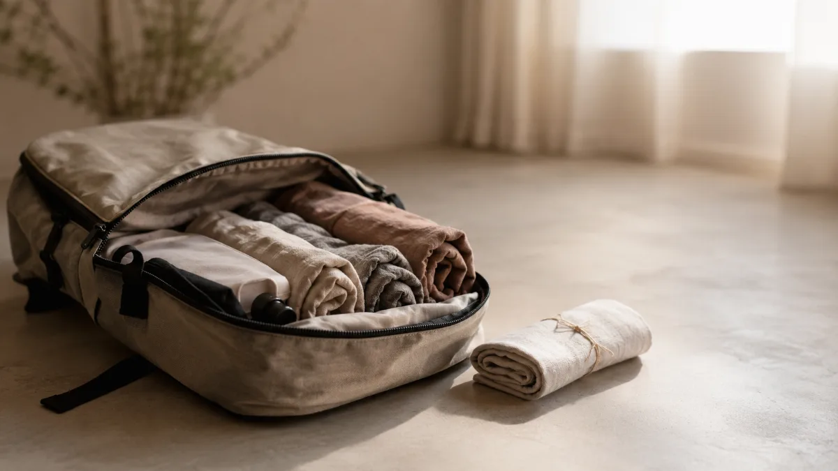 Open carry-on backpack with neatly rolled clothes and travel essentials