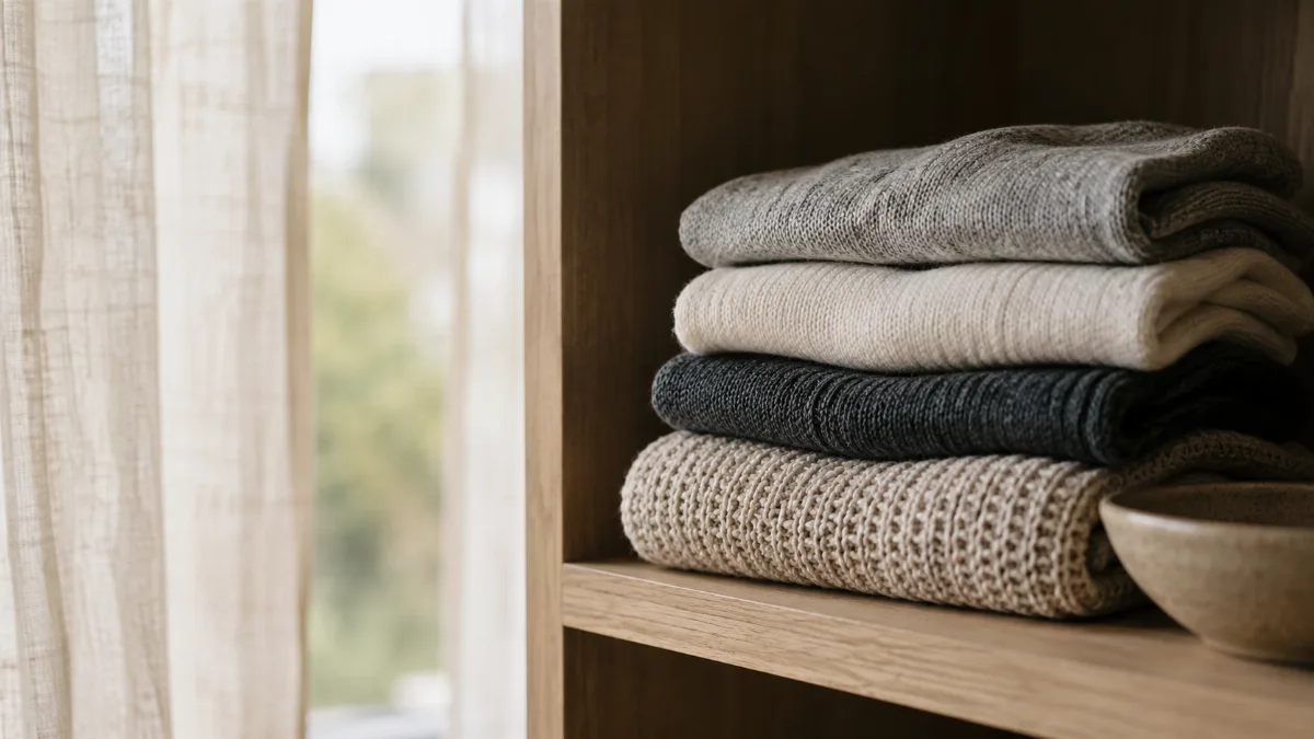 Folded sweaters stacked neatly on an open shelf