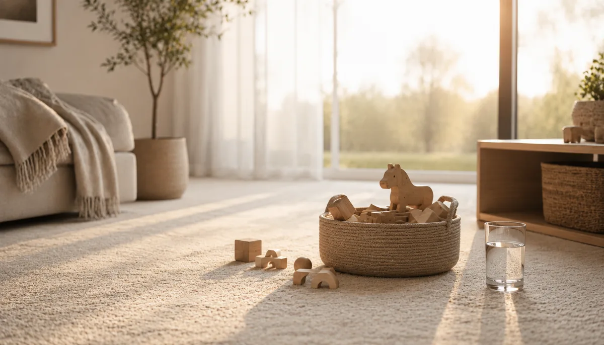 Tidy family room with a basket of wooden toys