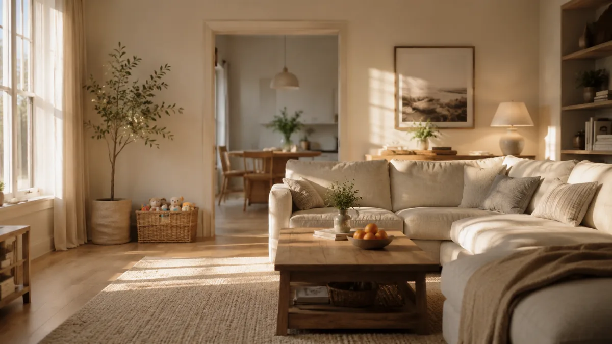 Family living room with a basket of toys neatly tucked away