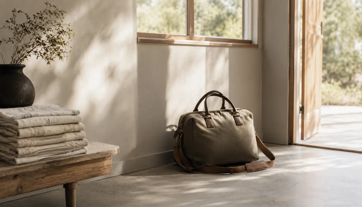 Single carry-on bag by a sunlit doorway