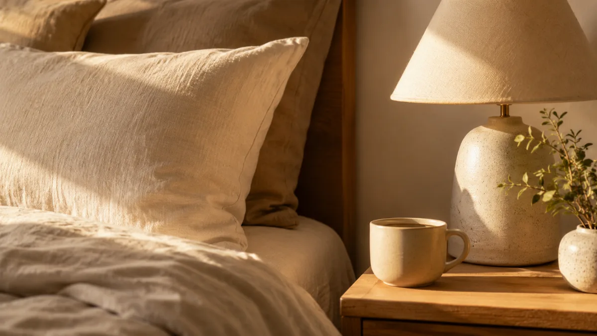 Calm minimalist bedroom with linen bedding and a single bedside lamp