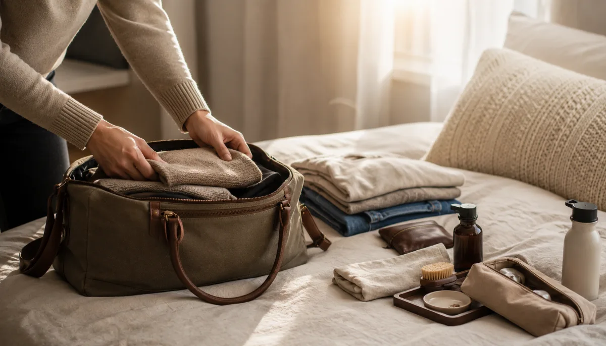 Neatly packed travel essentials laid out on a bed
